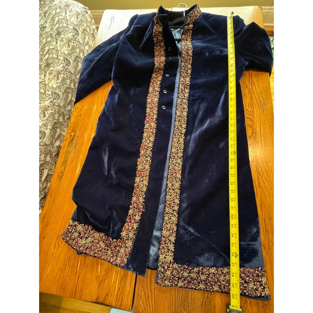 Men's Royal Navy Blue Velvet Sherwani / Indo-Western Achkan Wedding Groomwear - Picture 6 of 7